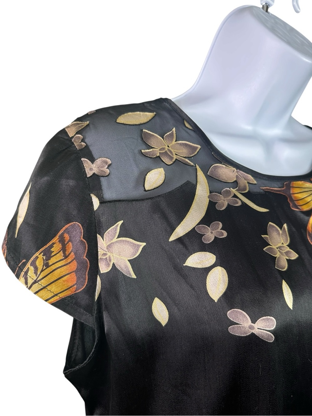 Black Satin Butterfly Tie Back Slip On Floral Cap-Sleeve Top Sheer Shoulder